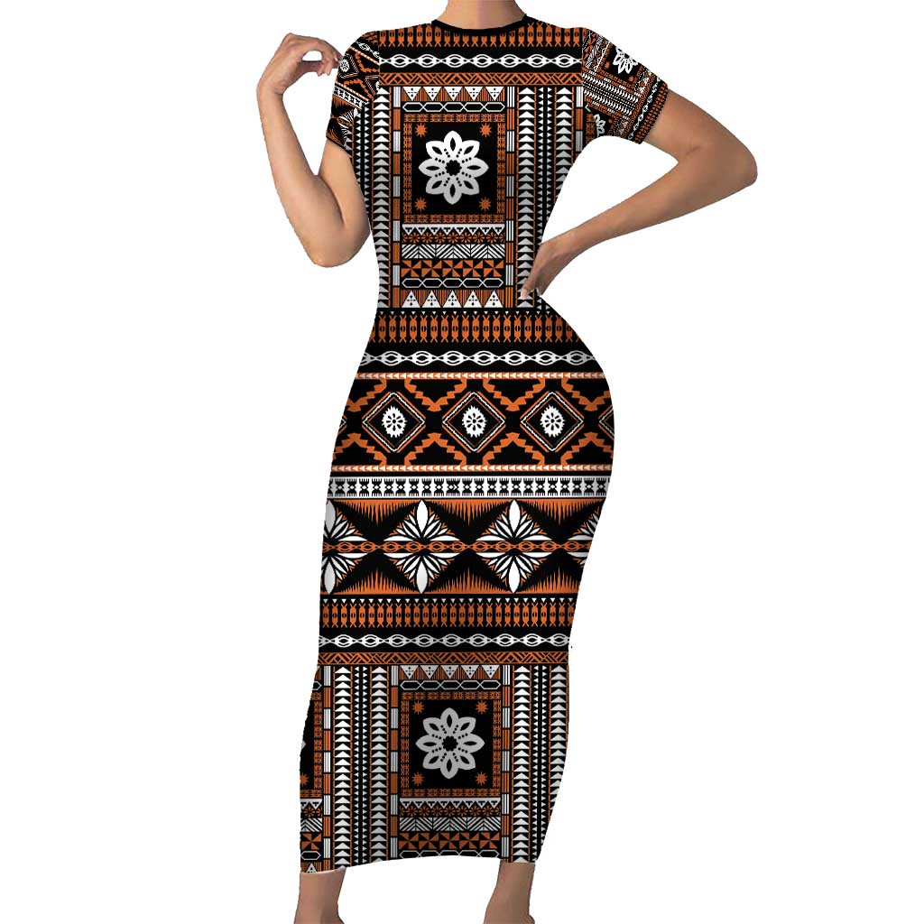 Fiji Masi Tapa Pattern Orange Short Sleeve Bodycon Dress - Polynesian Pride