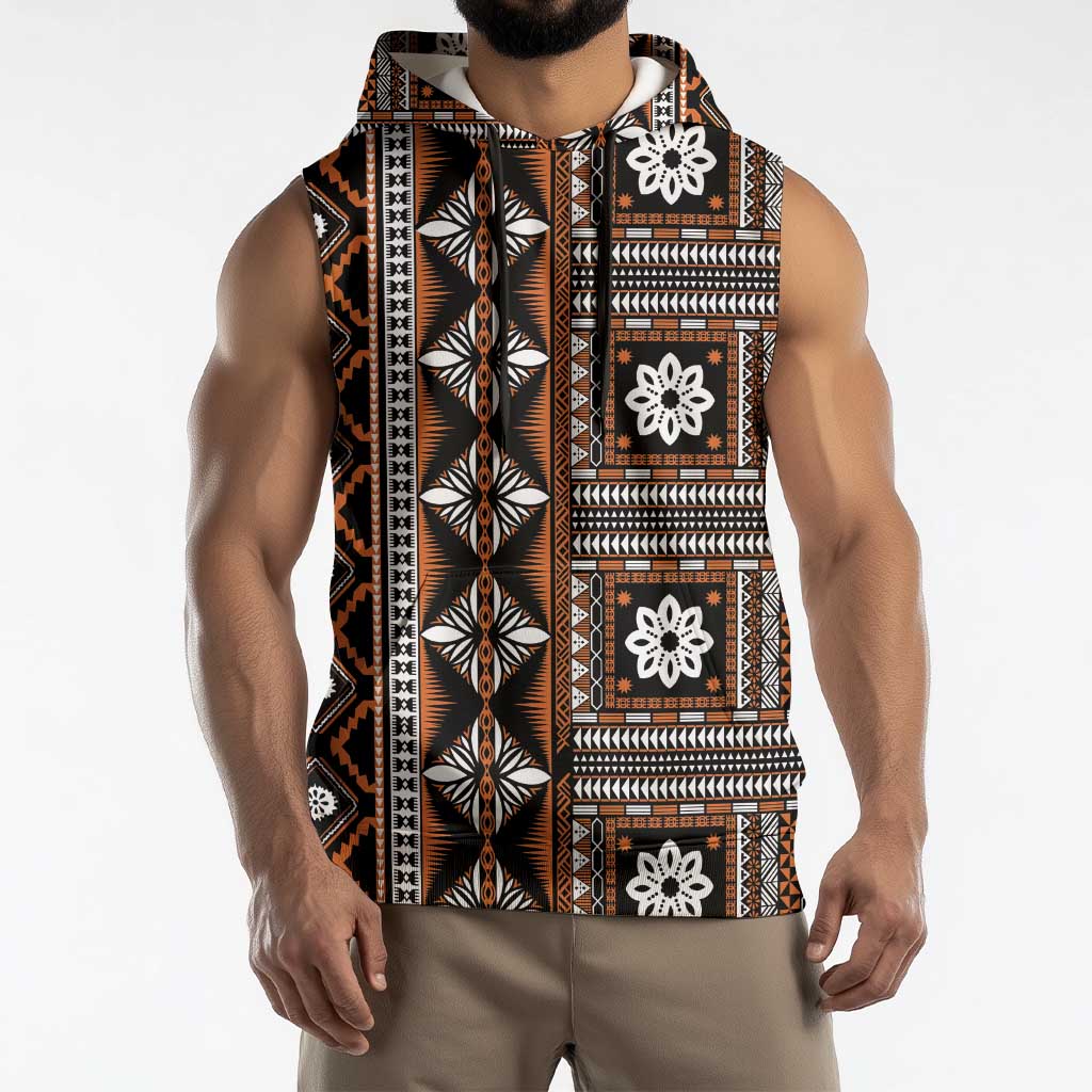 Fiji Masi Tapa Pattern Orange Sleeveless Hoodie - Polynesian Pride