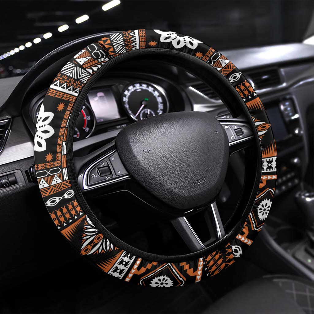 Fiji Masi Tapa Pattern Orange Steering Wheel Cover - Polynesian Pride