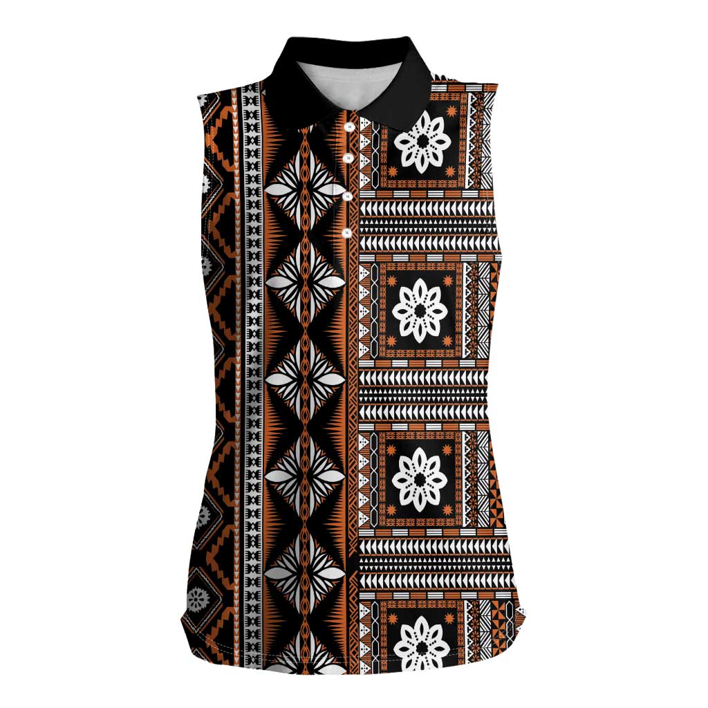 Fiji Masi Tapa Pattern Orange Women Sleeveless Polo Shirt - Polynesian Pride
