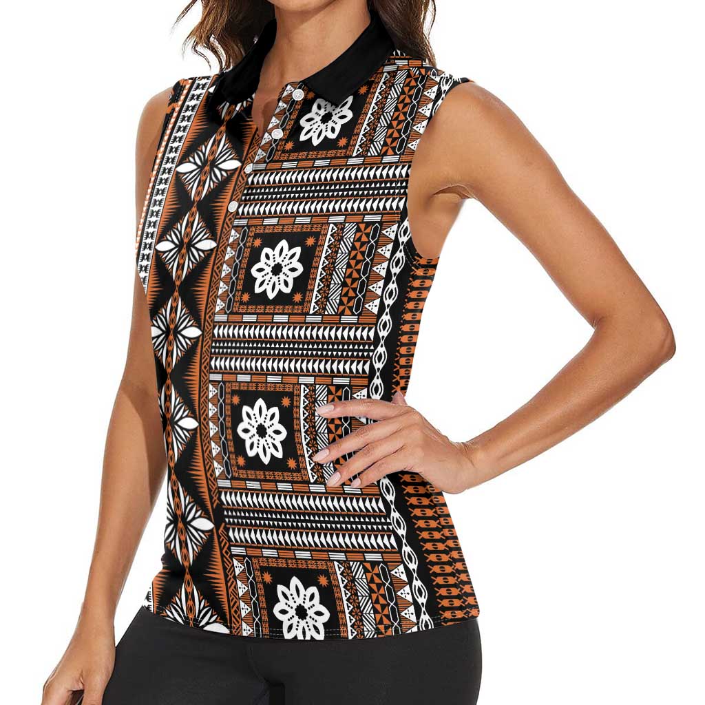 Fiji Masi Tapa Pattern Orange Women Sleeveless Polo Shirt - Polynesian Pride