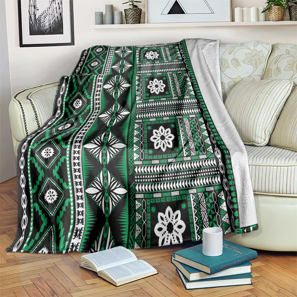 Fiji Masi Tapa Pattern Green Blanket - Polynesian Pride
