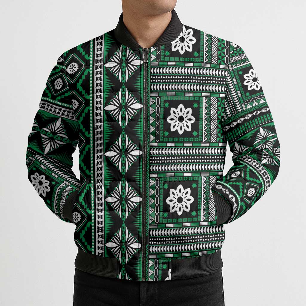 Fiji Masi Tapa Pattern Green Bomber Puffer Jacket - Polynesian Pride