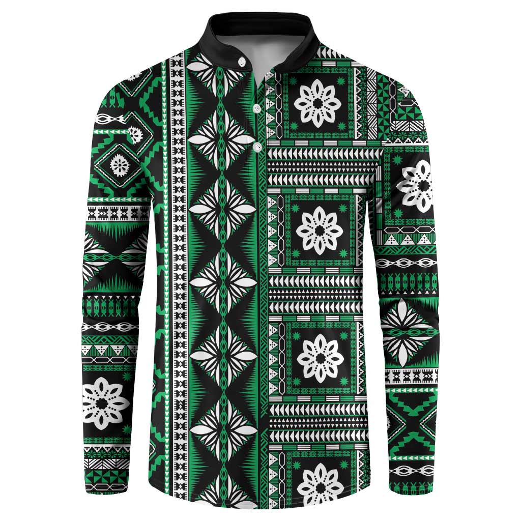 Fiji Masi Tapa Pattern Green Button Sweatshirt - Polynesian Pride