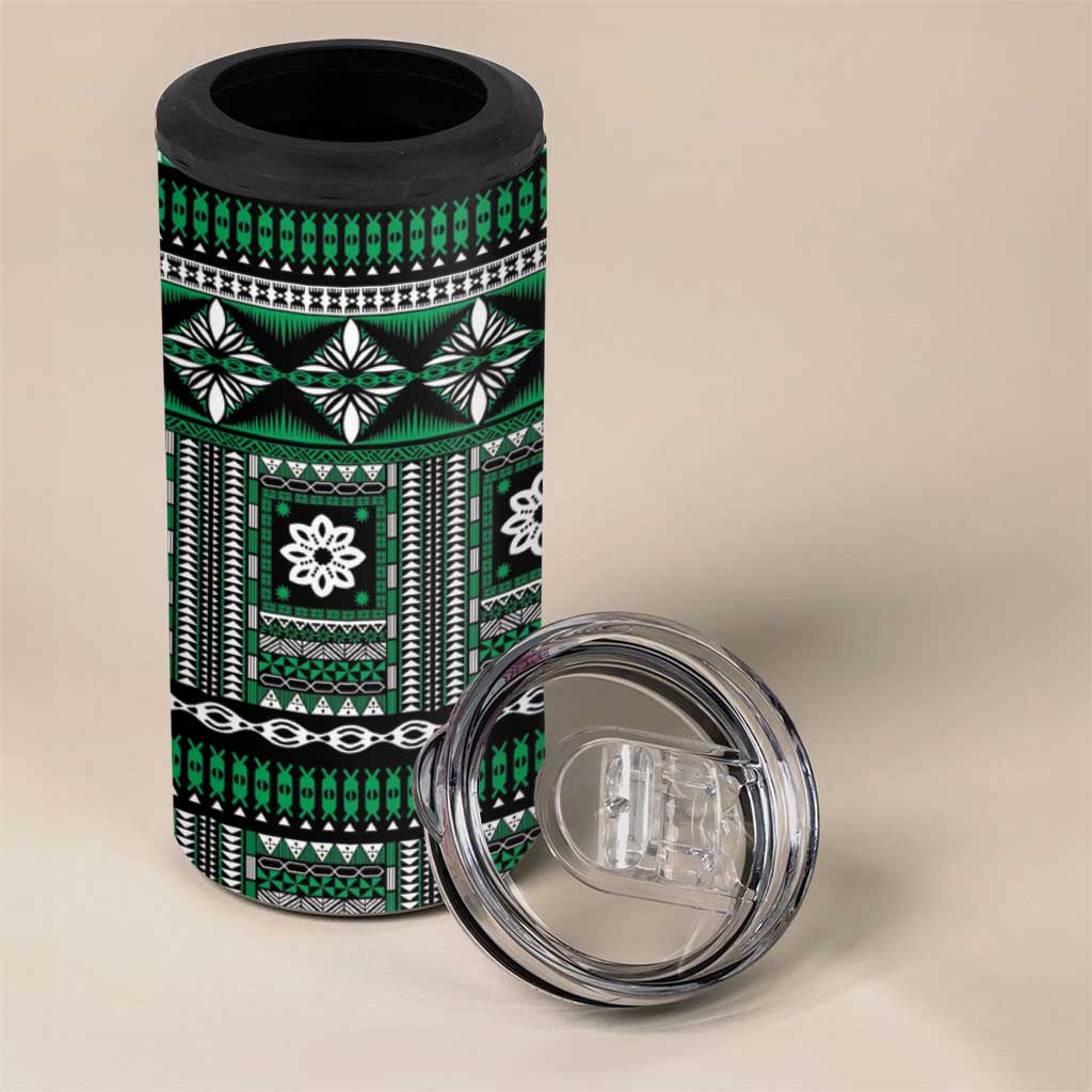 Fiji Masi Tapa Pattern Green 4 in 1 Can Cooler Tumbler - Polynesian Pride