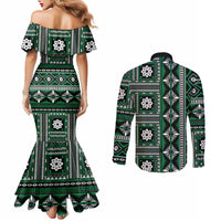 Fiji Masi Tapa Pattern Green Couples Matching Mermaid Dress and Long Sleeve Button Shirt - Polynesian Pride