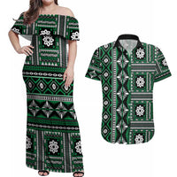 Fiji Masi Tapa Pattern Green Couples Matching Off Shoulder Maxi Dress and Hawaiian Shirt - Polynesian Pride