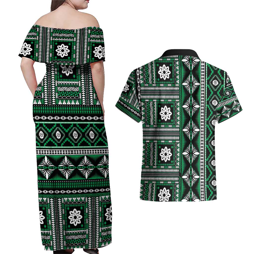 Fiji Masi Tapa Pattern Green Couples Matching Off Shoulder Maxi Dress and Hawaiian Shirt - Polynesian Pride