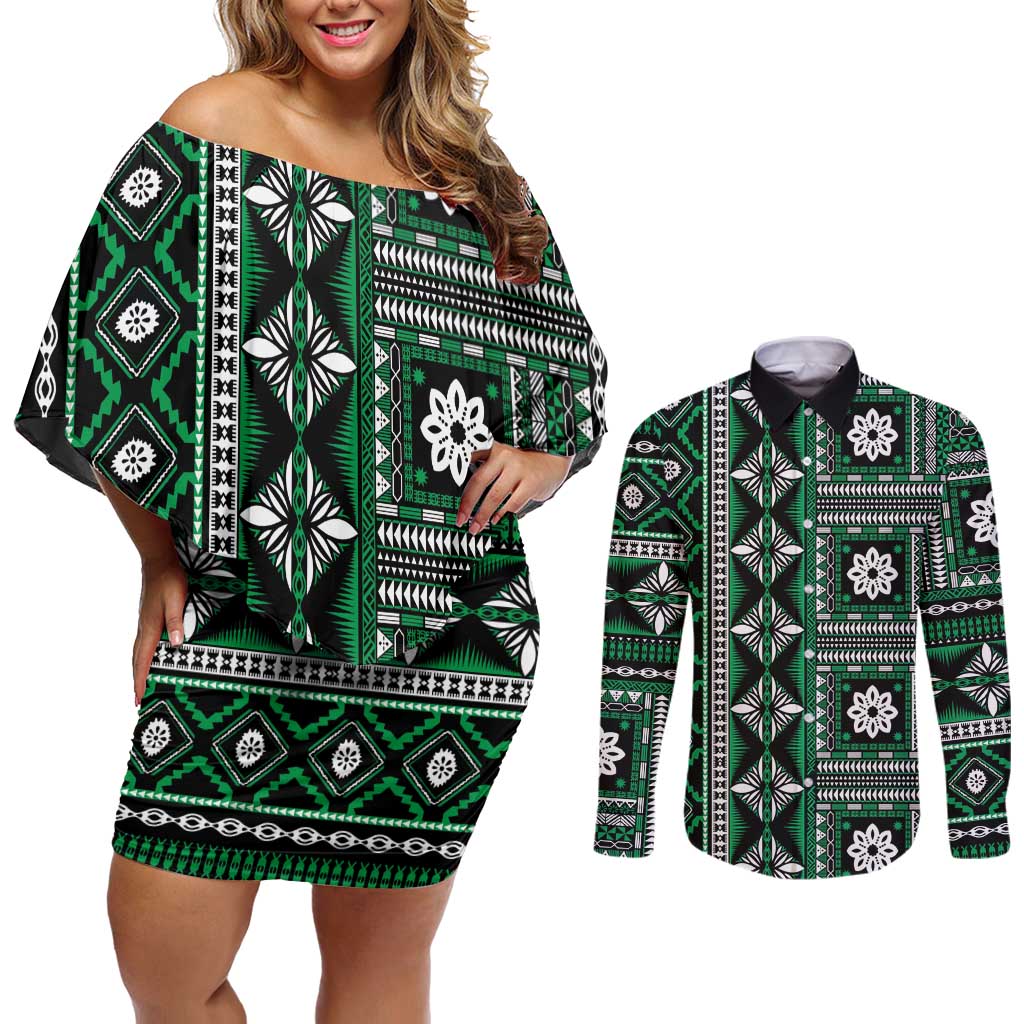 Fiji Masi Tapa Pattern Green Couples Matching Off Shoulder Short Dress and Long Sleeve Button Shirt - Polynesian Pride