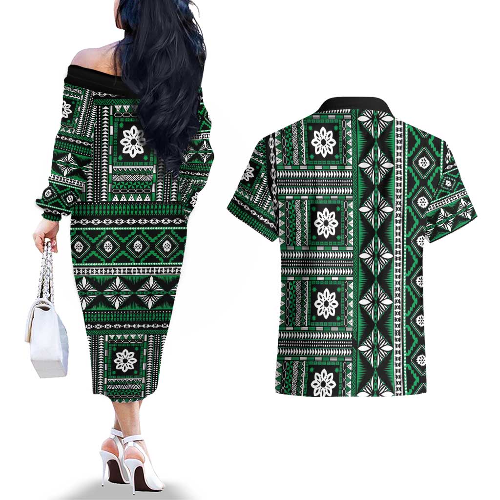 Fiji Masi Tapa Pattern Green Couples Matching Off The Shoulder Long Sleeve Dress and Hawaiian Shirt - Polynesian Pride