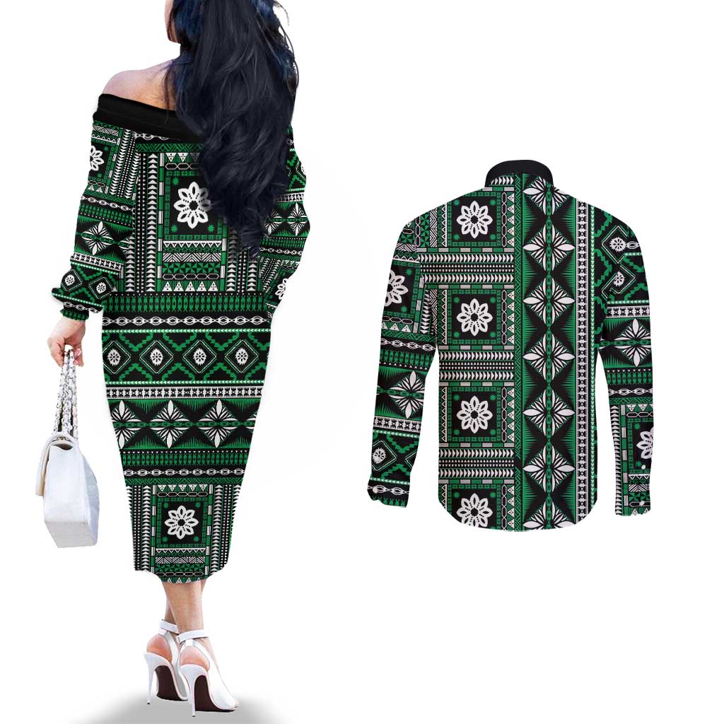 Fiji Masi Tapa Pattern Green Couples Matching Off The Shoulder Long Sleeve Dress and Long Sleeve Button Shirt - Polynesian Pride