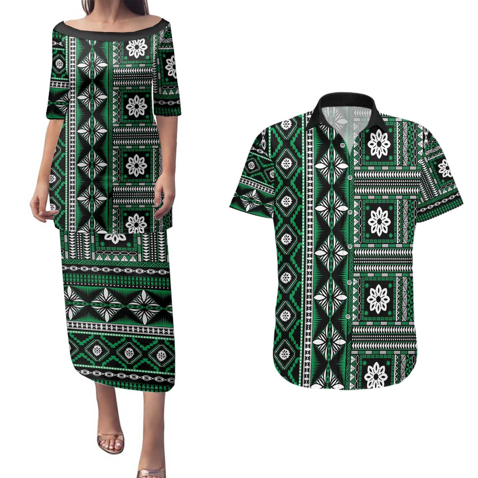 Fiji Masi Tapa Pattern Green Couples Matching Puletasi and Hawaiian Shirt - Polynesian Pride