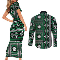 Fiji Masi Tapa Pattern Green Couples Matching Short Sleeve Bodycon Dress and Long Sleeve Button Shirt - Polynesian Pride