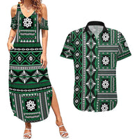 Fiji Masi Tapa Pattern Green Couples Matching Summer Maxi Dress and Hawaiian Shirt - Polynesian Pride
