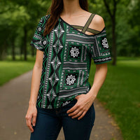 Fiji Masi Tapa Pattern Green Cross Shoulder Shirt - Polynesian Pride