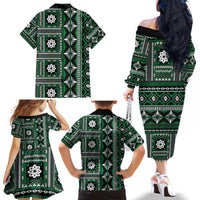 Fiji Masi Tapa Pattern Green Family Matching Off The Shoulder Long Sleeve Dress and Hawaiian Shirt - Polynesian Pride