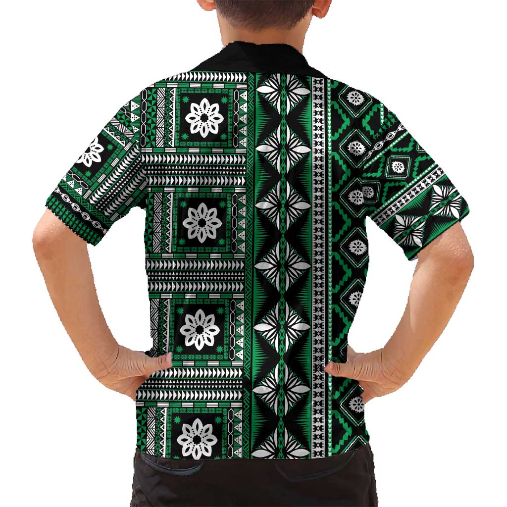 Fiji Masi Tapa Pattern Green Family Matching Off Shoulder Short Dress and Hawaiian Shirt - Polynesian Pride