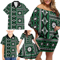 Fiji Masi Tapa Pattern Green Family Matching Off Shoulder Short Dress and Hawaiian Shirt - Polynesian Pride