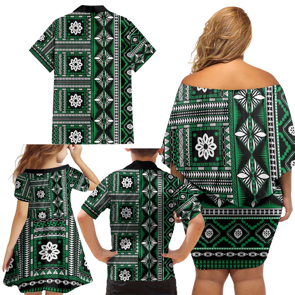 Fiji Masi Tapa Pattern Green Family Matching Off Shoulder Short Dress and Hawaiian Shirt - Polynesian Pride