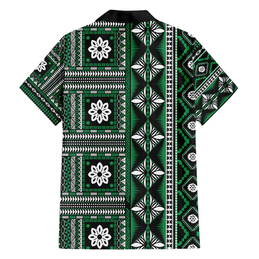 Fiji Masi Tapa Pattern Green Family Matching Off Shoulder Short Dress and Hawaiian Shirt - Polynesian Pride