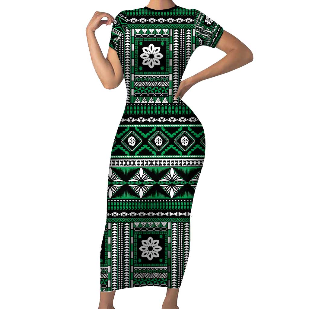 Fiji Masi Tapa Pattern Green Family Matching Short Sleeve Bodycon Dress and Hawaiian Shirt - Polynesian Pride
