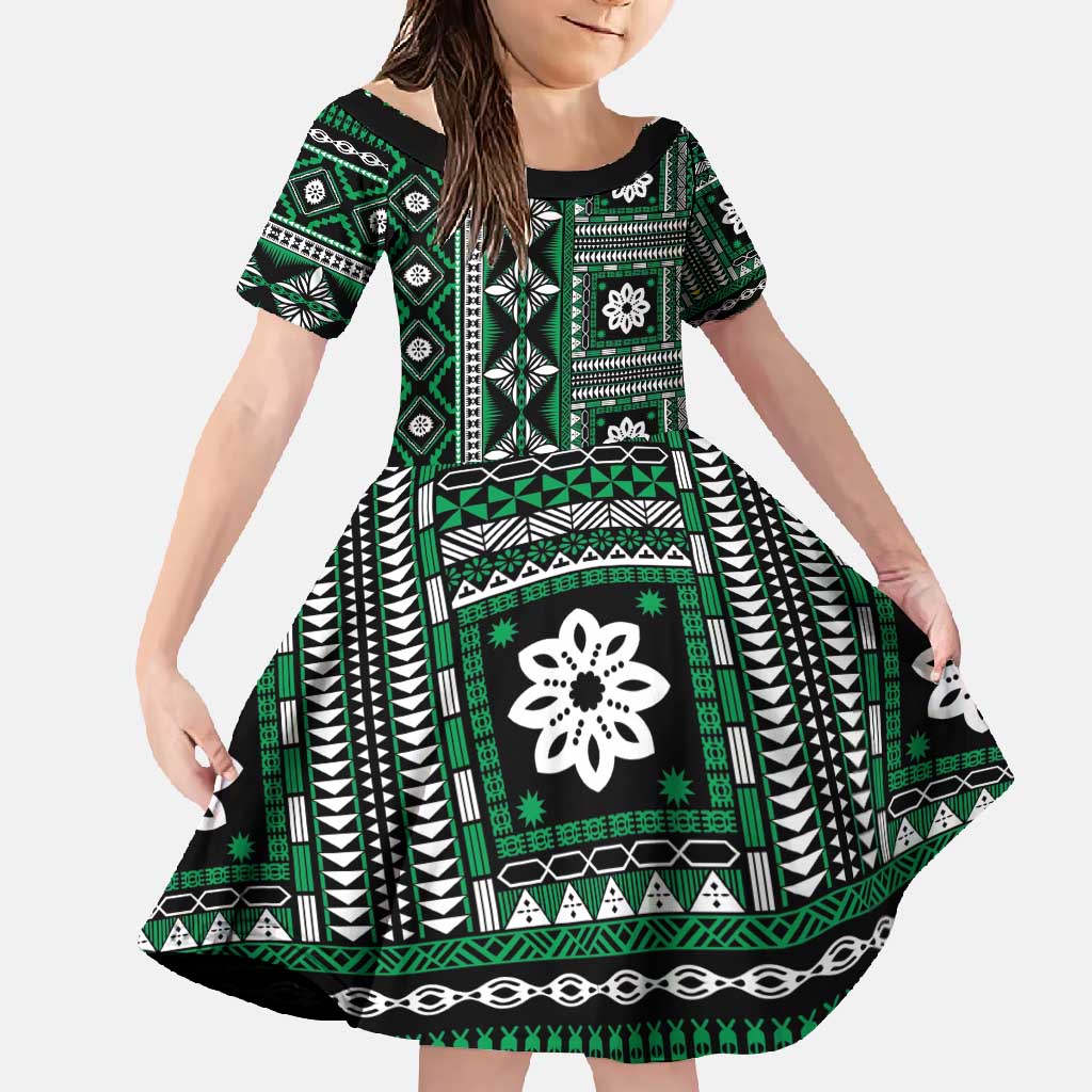 Fiji Masi Tapa Pattern Green Family Matching Summer Maxi Dress and Hawaiian Shirt - Polynesian Pride