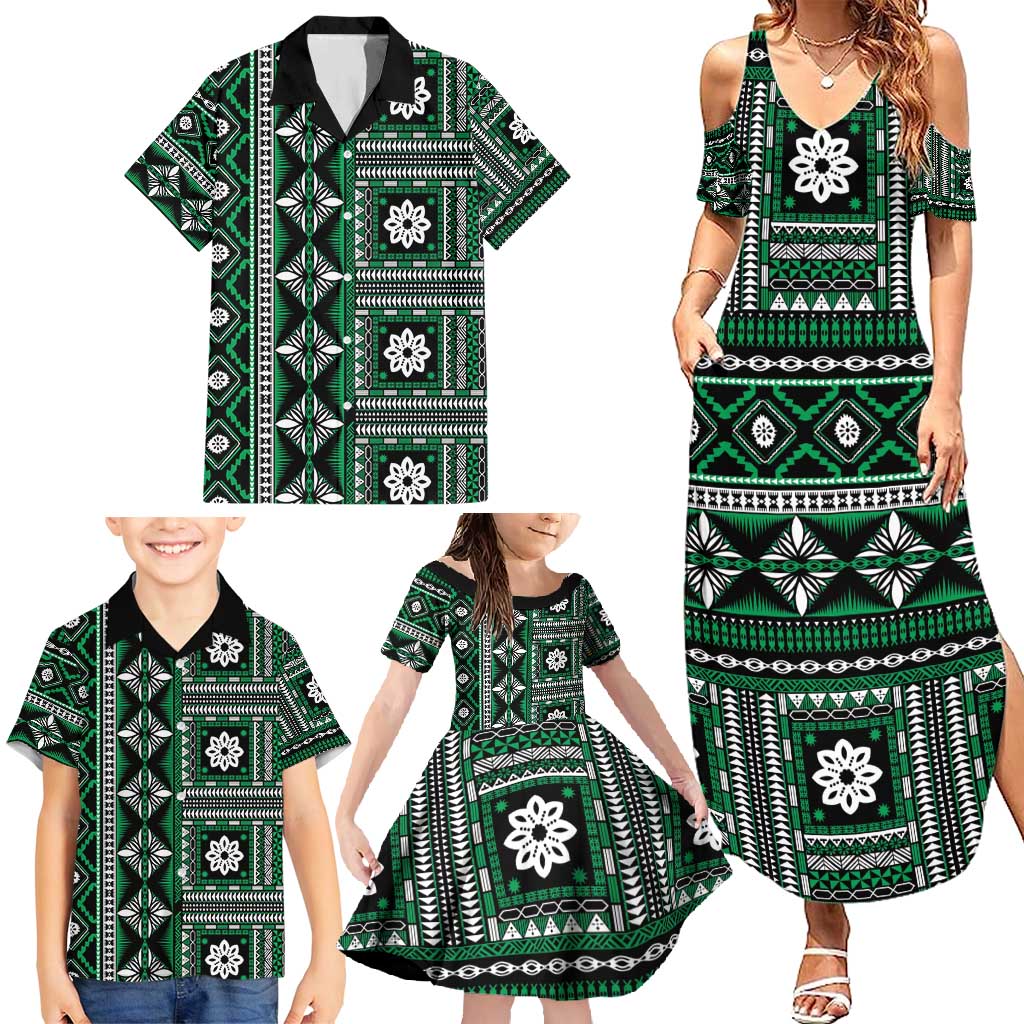 Fiji Masi Tapa Pattern Green Family Matching Summer Maxi Dress and Hawaiian Shirt - Polynesian Pride