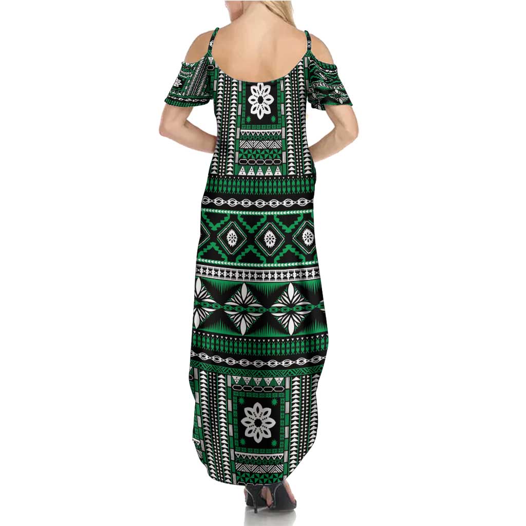 Fiji Masi Tapa Pattern Green Family Matching Summer Maxi Dress and Hawaiian Shirt - Polynesian Pride