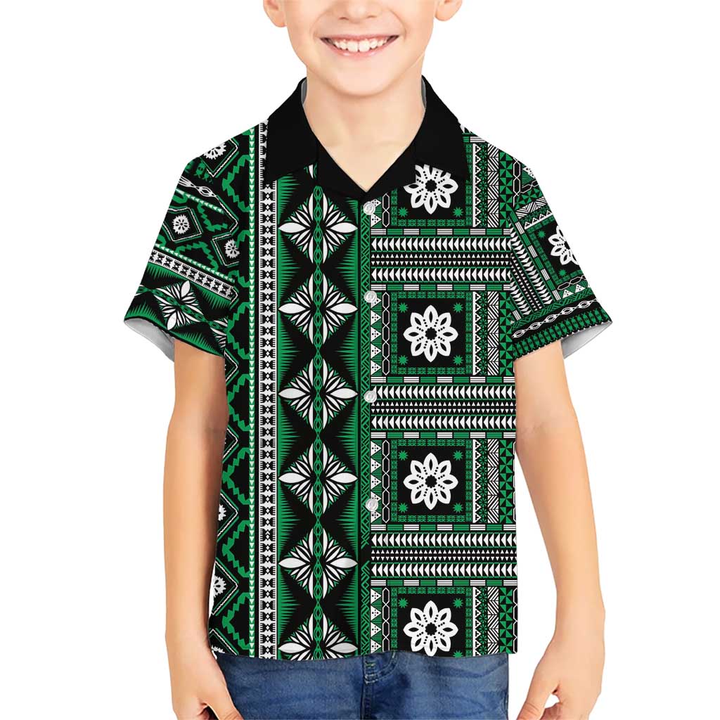 Fiji Masi Tapa Pattern Green Kid Hawaiian Shirt - Polynesian Pride