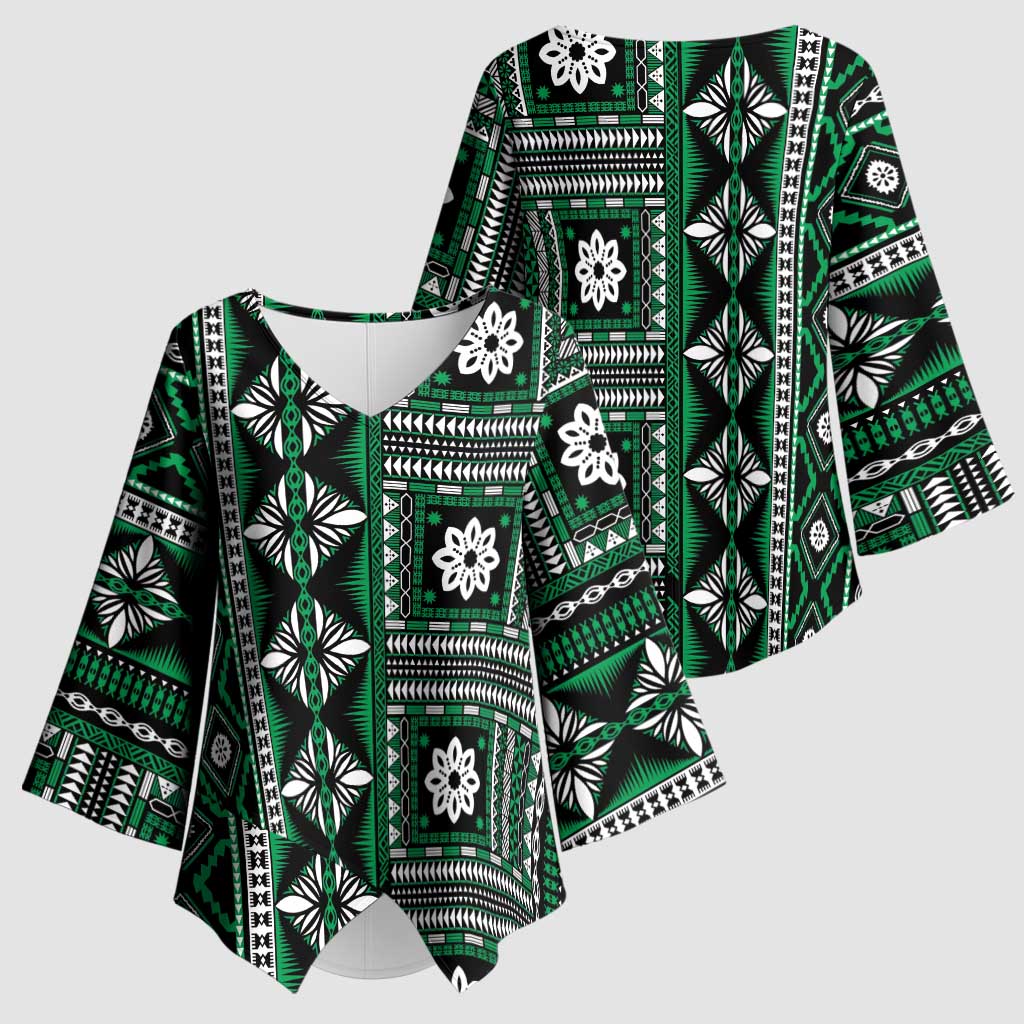 Fiji Masi Tapa Pattern Green Kimono Sleeve Blouse - Polynesian Pride