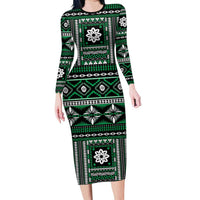 Fiji Masi Tapa Pattern Green Long Sleeve Bodycon Dress - Polynesian Pride