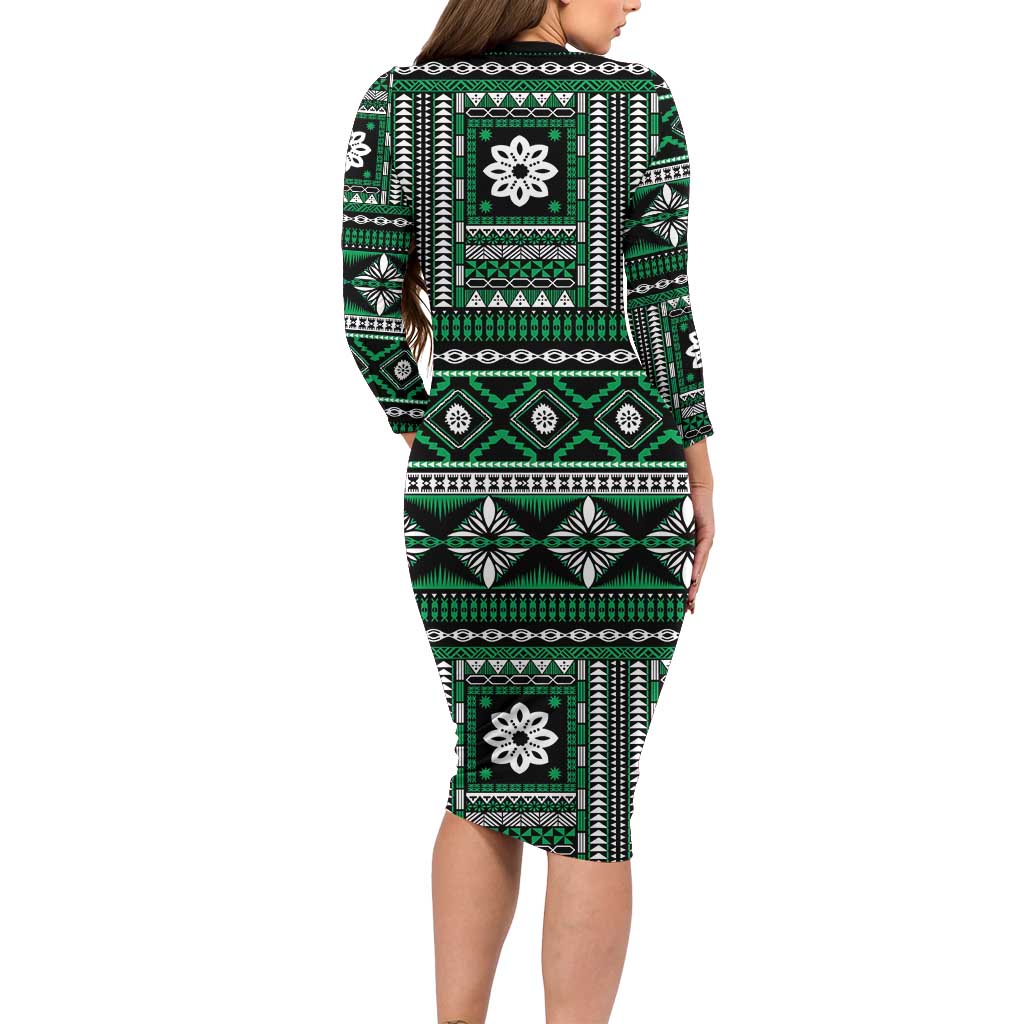 Fiji Masi Tapa Pattern Green Long Sleeve Bodycon Dress - Polynesian Pride