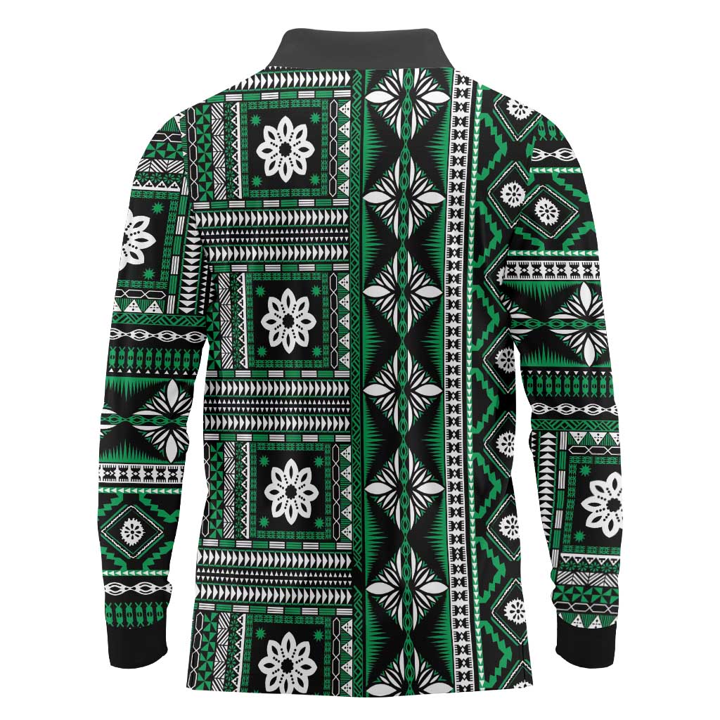 Fiji Masi Tapa Pattern Green Long Sleeve Polo Shirt - Polynesian Pride