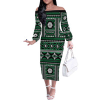 Fiji Masi Tapa Pattern Green Off The Shoulder Long Sleeve Dress - Polynesian Pride