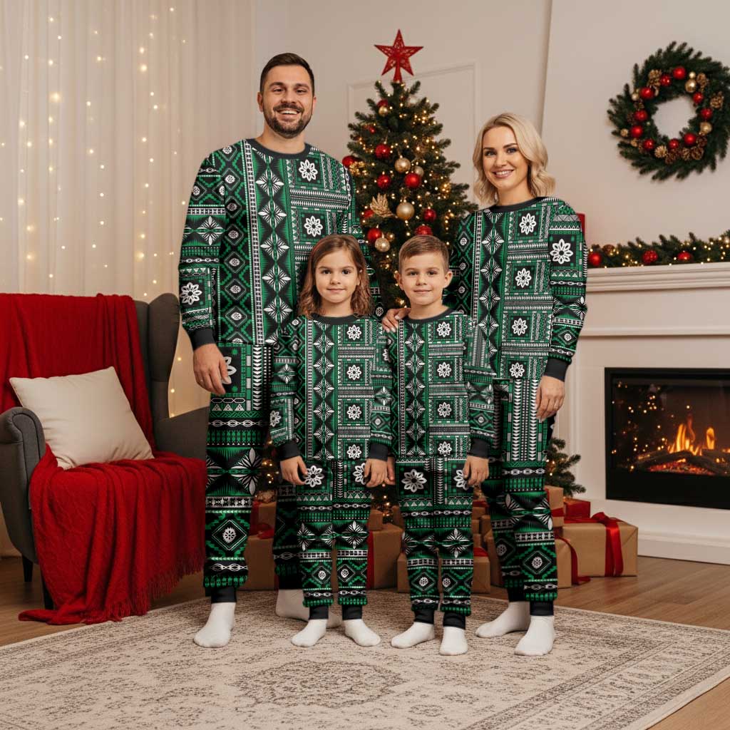Fiji Masi Tapa Pattern Green Christmas Pajama Set - Polynesian Pride