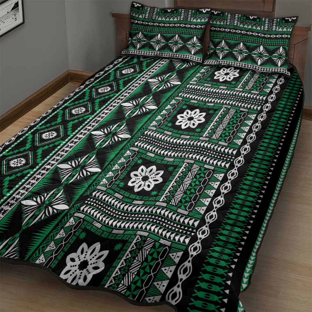 Fiji Masi Tapa Pattern Green Quilt Bed Set - Polynesian Pride