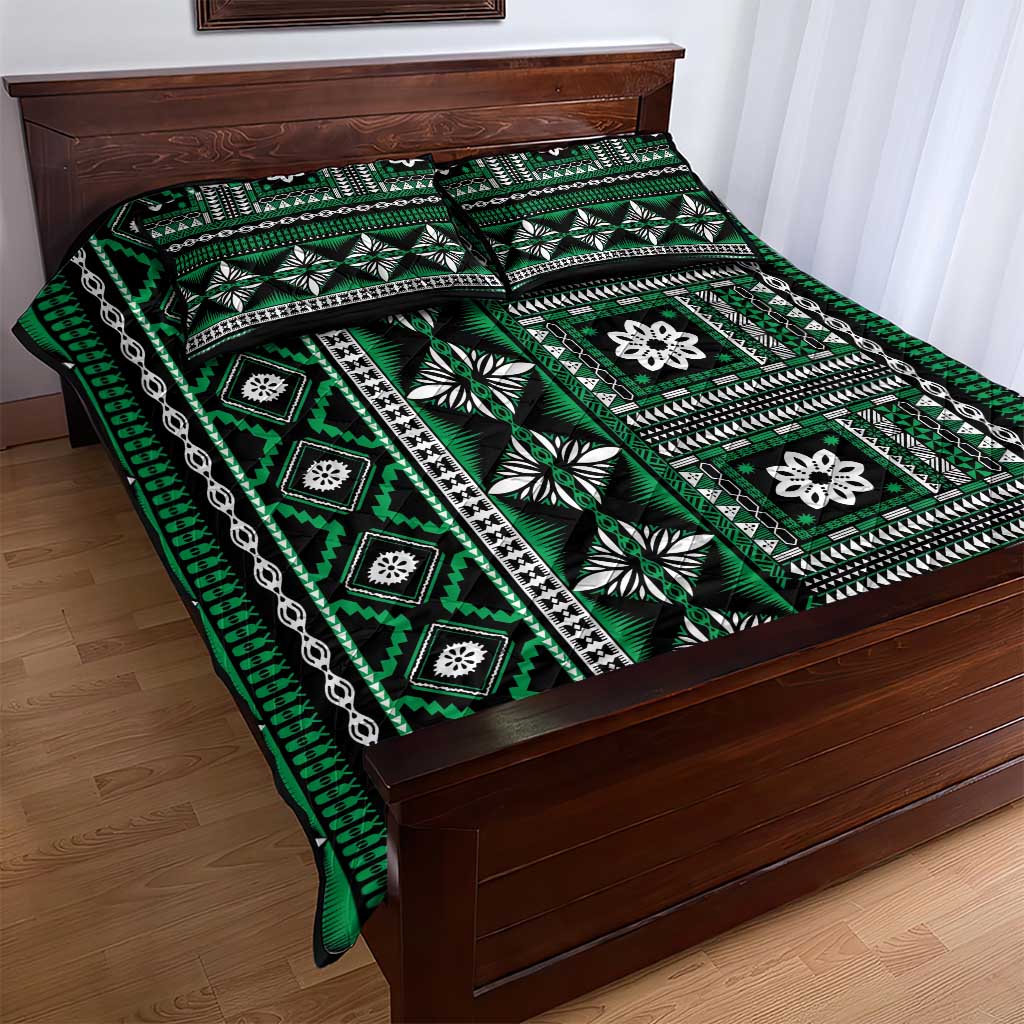 Fiji Masi Tapa Pattern Green Quilt Bed Set - Polynesian Pride
