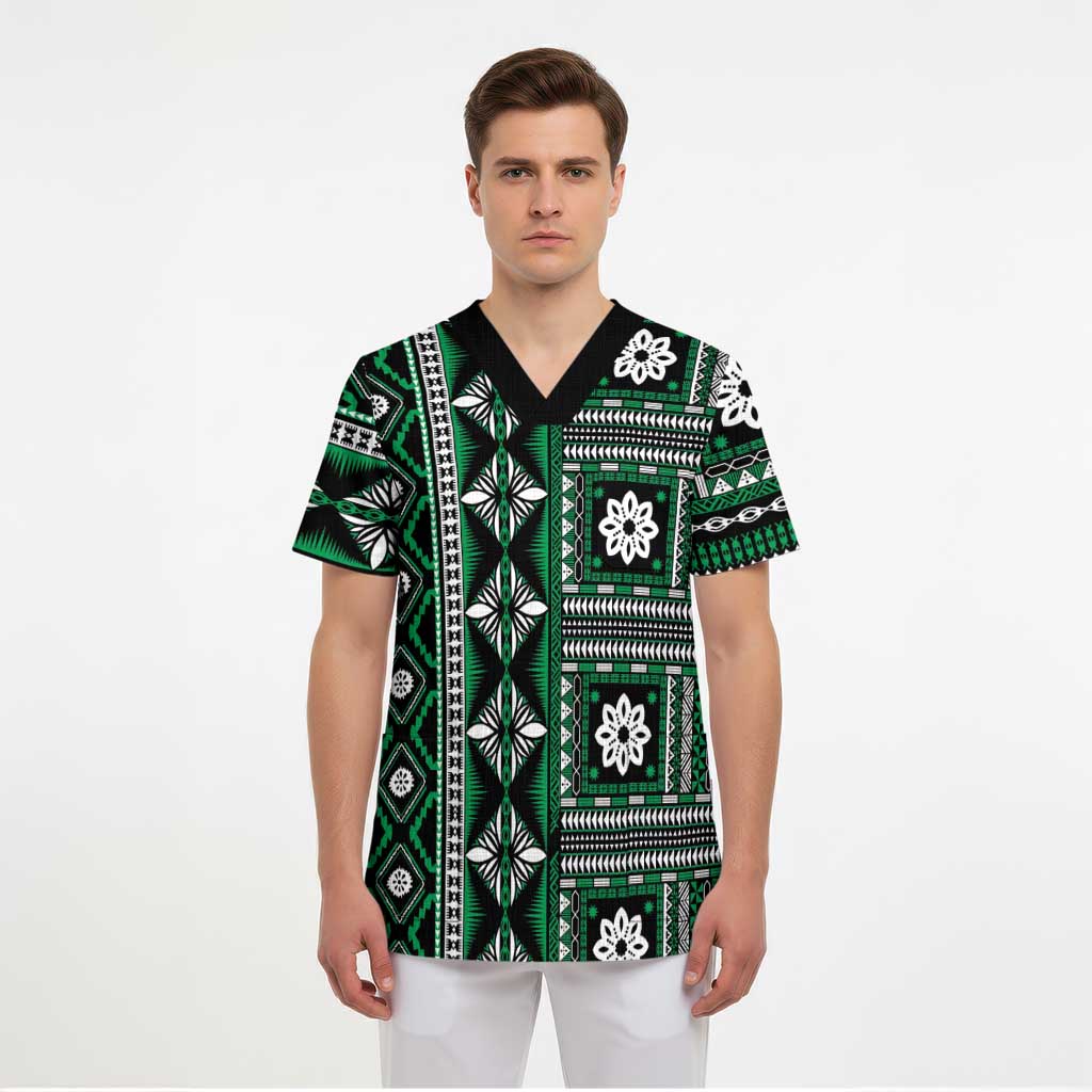 Fiji Masi Tapa Pattern Green Scrub Top - Polynesian Pride