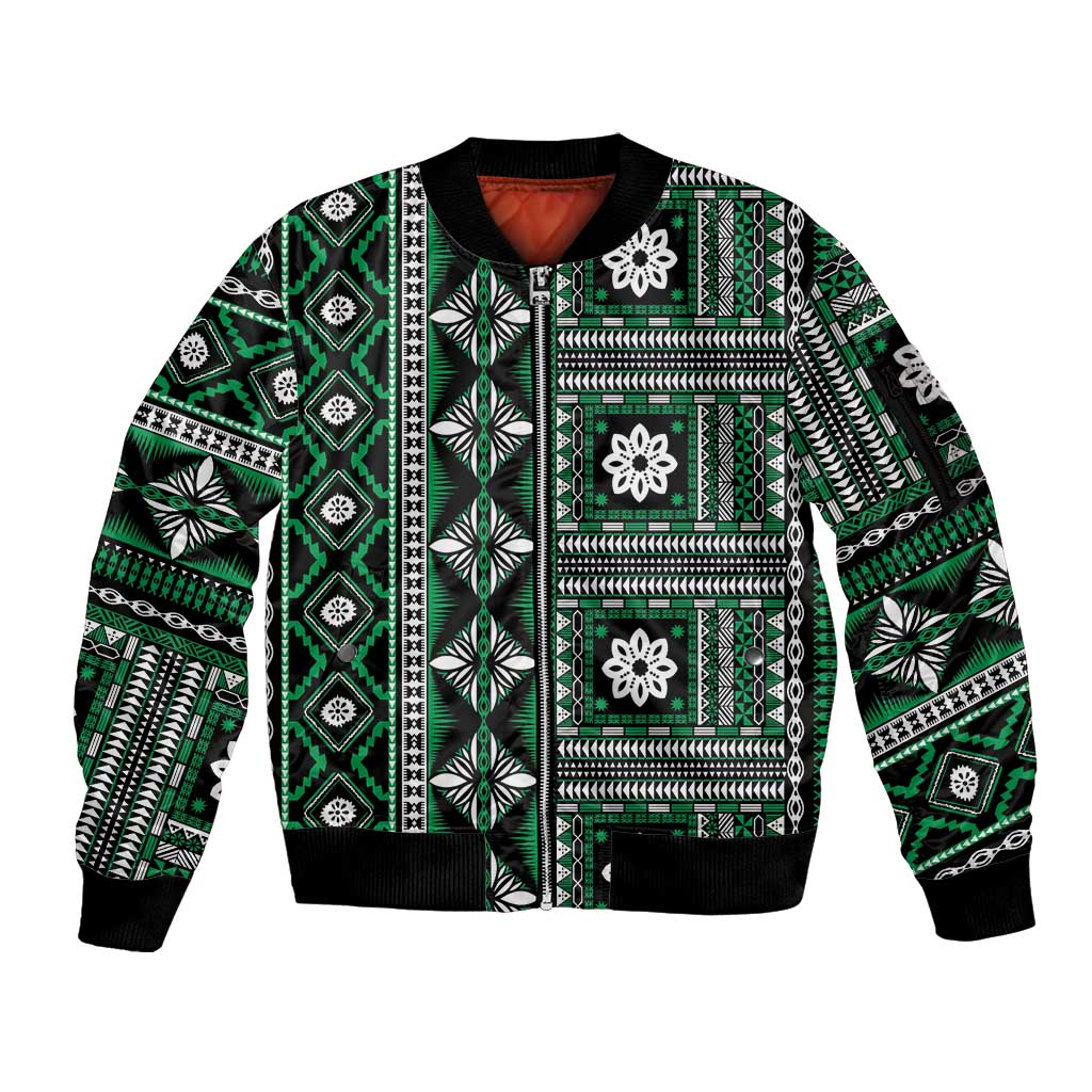 Fiji Masi Tapa Pattern Green Sleeve Zip Bomber Jacket - Polynesian Pride