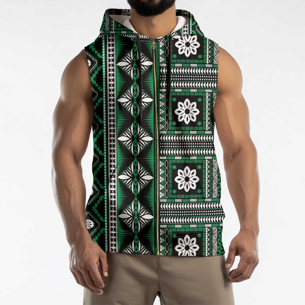 Fiji Masi Tapa Pattern Green Sleeveless Zip Hoodie - Polynesian Pride