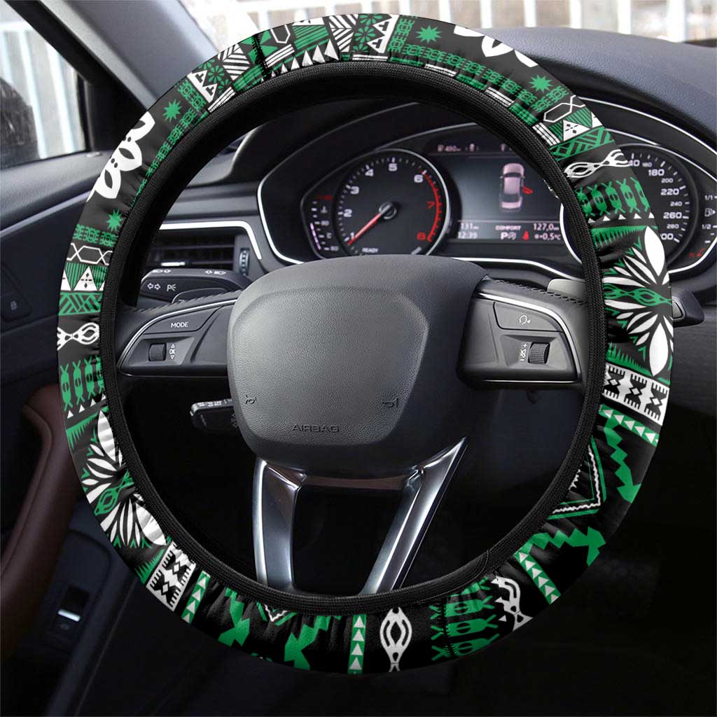 Fiji Masi Tapa Pattern Green Steering Wheel Cover - Polynesian Pride