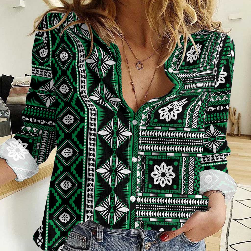 Fiji Masi Tapa Pattern Green Women Casual Shirt - Polynesian Pride