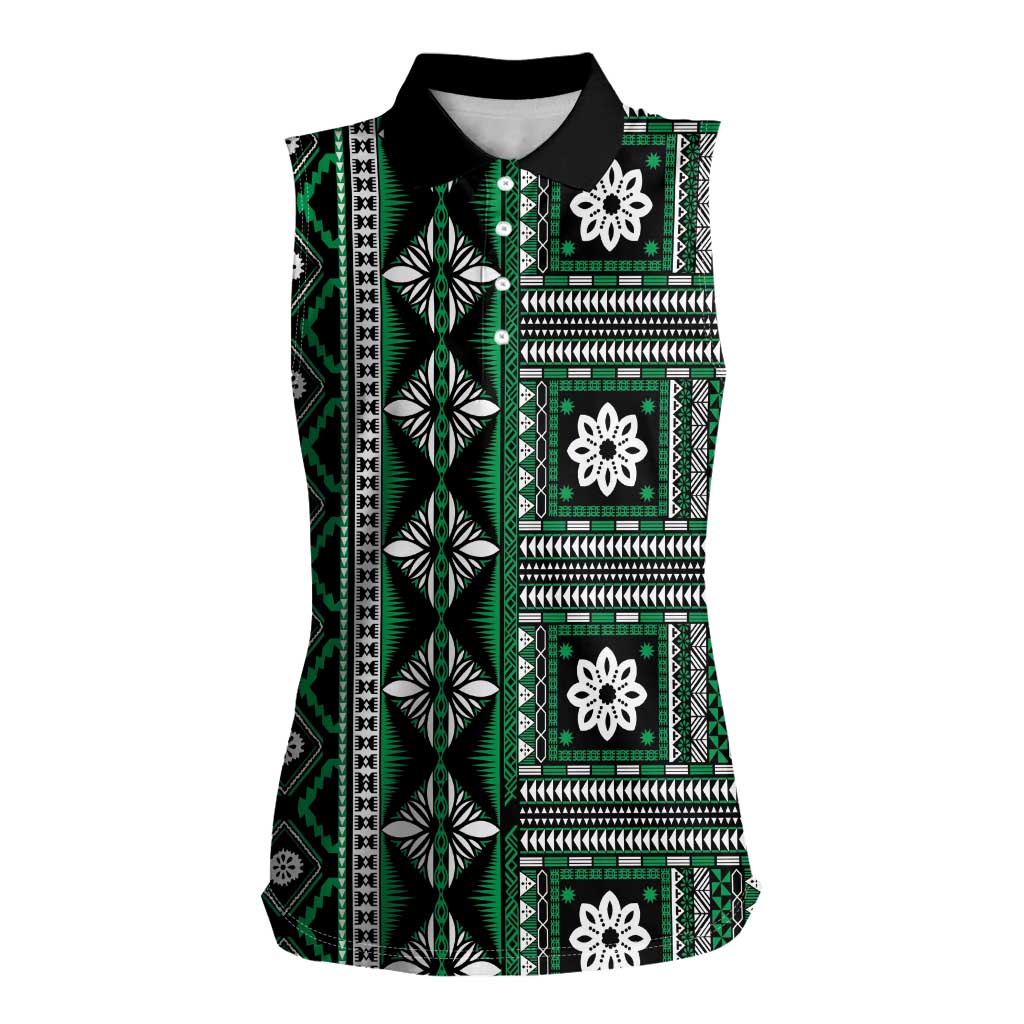 Fiji Masi Tapa Pattern Green Women Sleeveless Polo Shirt - Polynesian Pride