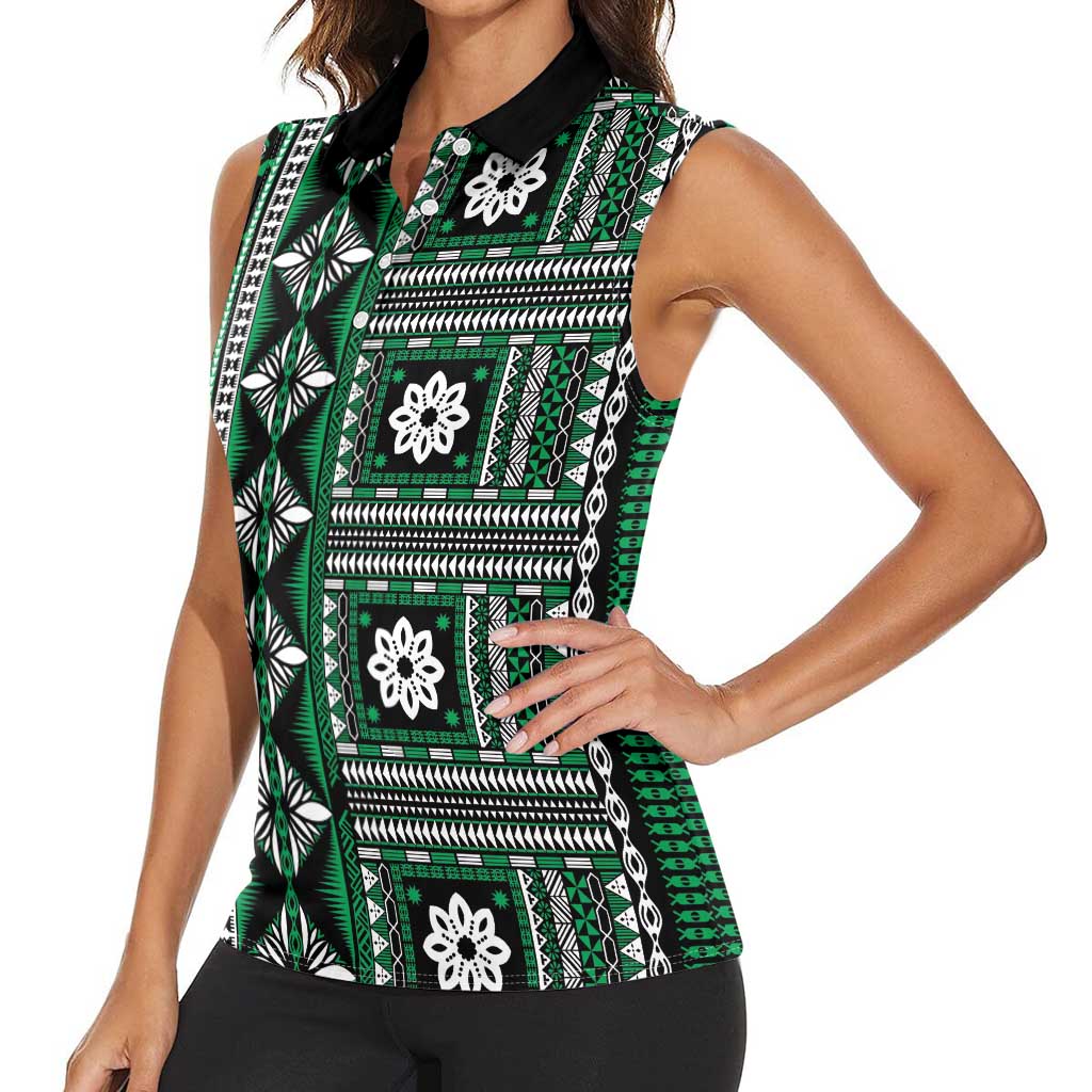 Fiji Masi Tapa Pattern Green Women Sleeveless Polo Shirt - Polynesian Pride