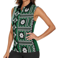 Fiji Masi Tapa Pattern Green Women Sleeveless Polo Shirt - Polynesian Pride