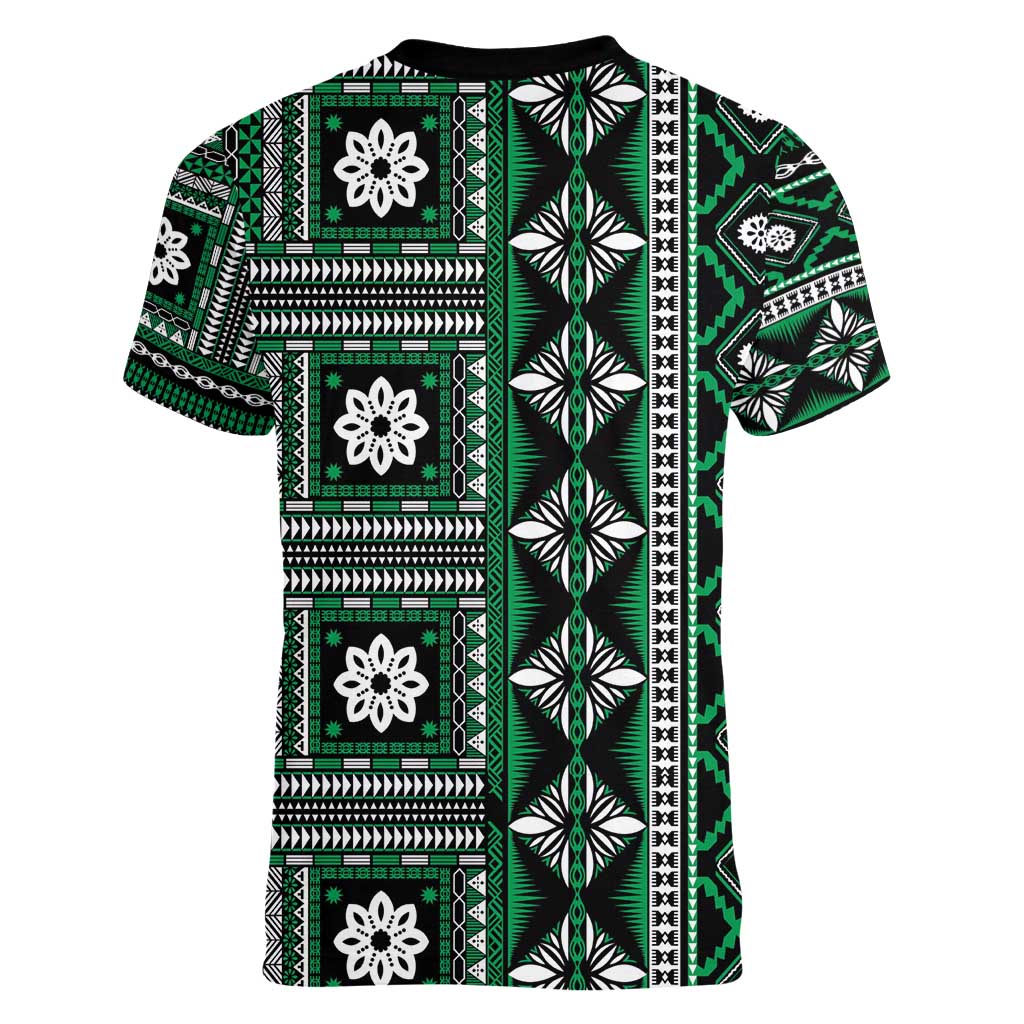 Fiji Masi Tapa Pattern Green Women V-Neck T-Shirt - Polynesian Pride