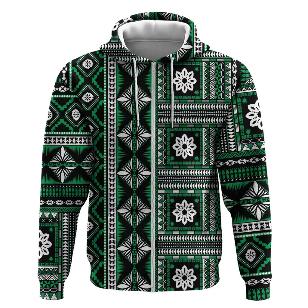 Fiji Masi Tapa Pattern Green Zip Hoodie - Polynesian Pride