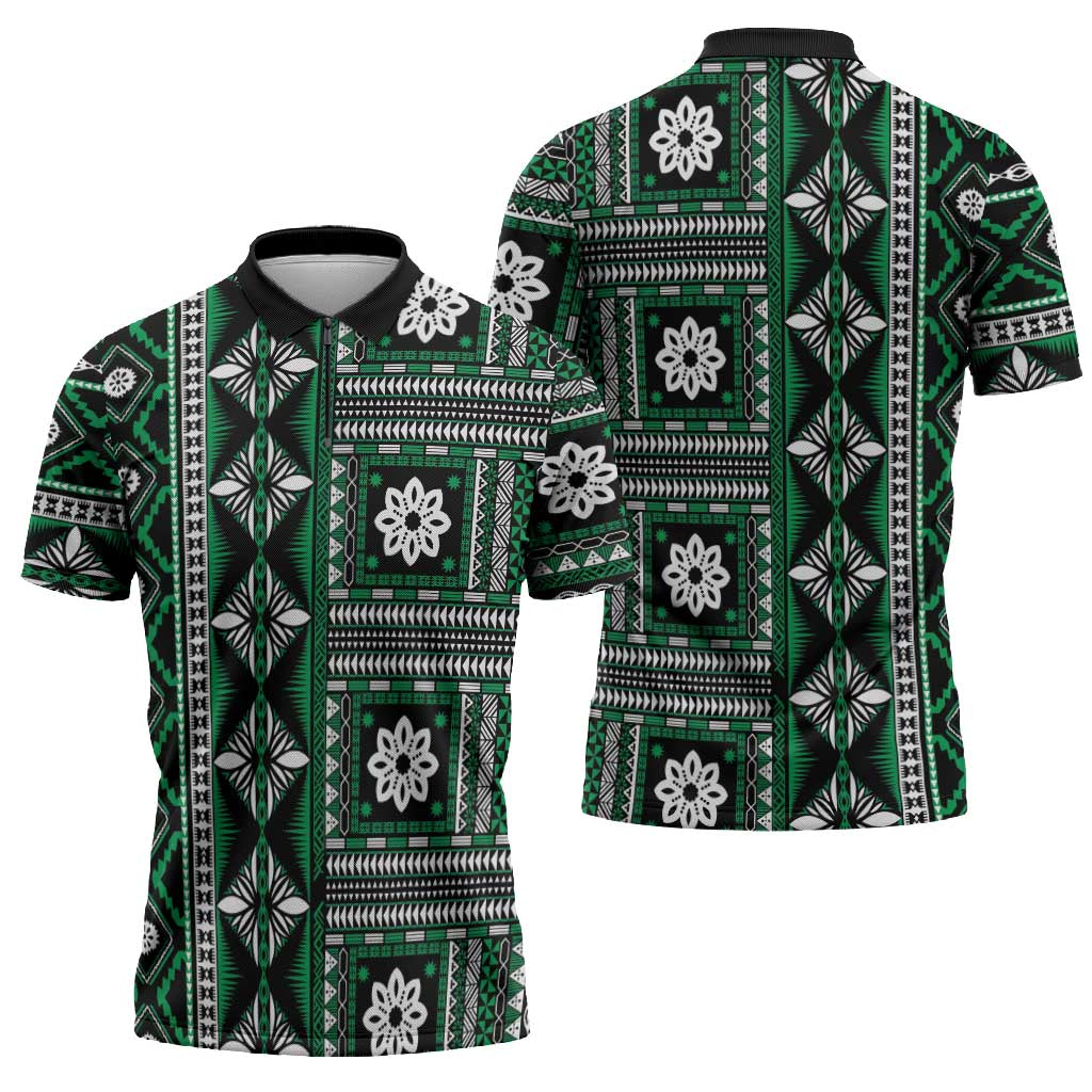 Fiji Masi Tapa Pattern Green Zipper Polo Shirt - Polynesian Pride