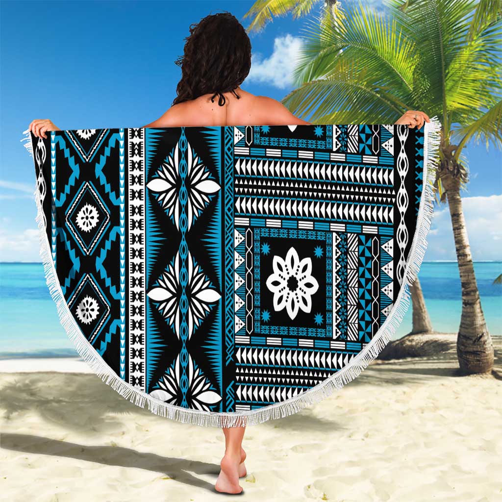 Fiji Masi Tapa Pattern Blue Beach Blanket - Polynesian Pride