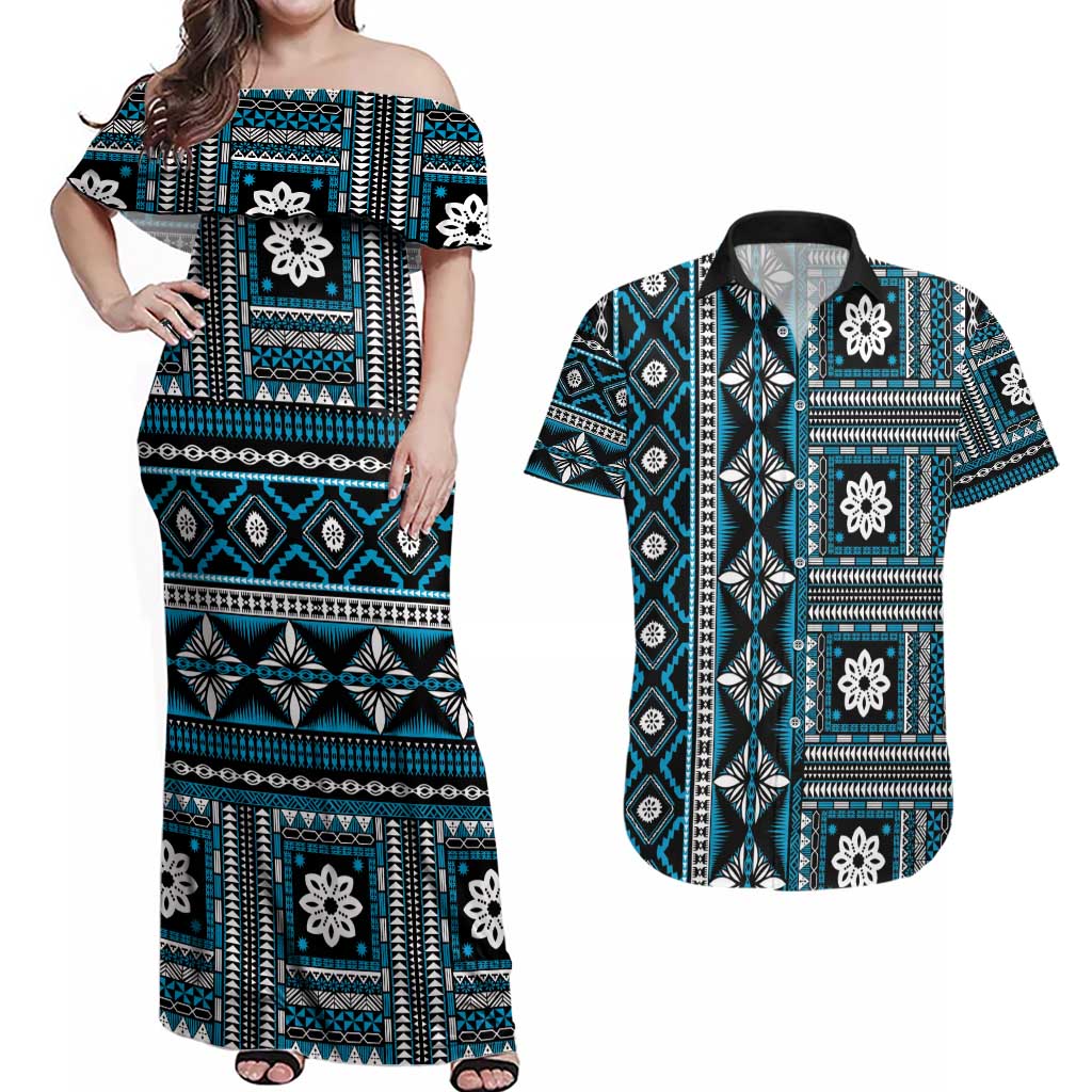 Fiji Masi Tapa Pattern Blue Couples Matching Off Shoulder Maxi Dress and Hawaiian Shirt - Polynesian Pride